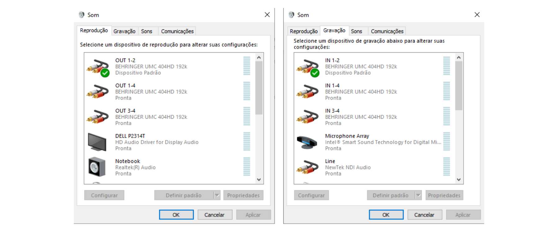 Painel de Sons do Windows com os dispositivos de reprodução e gravação