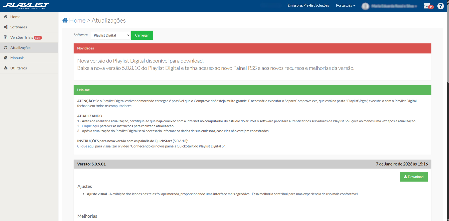 Atualizações - Área do cliente