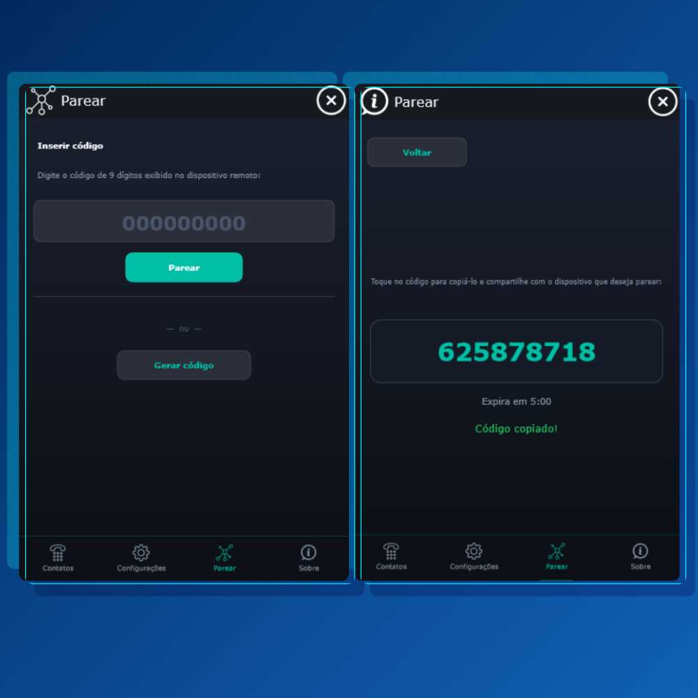 Aires Codec — pareamento por código de 9 dígitos