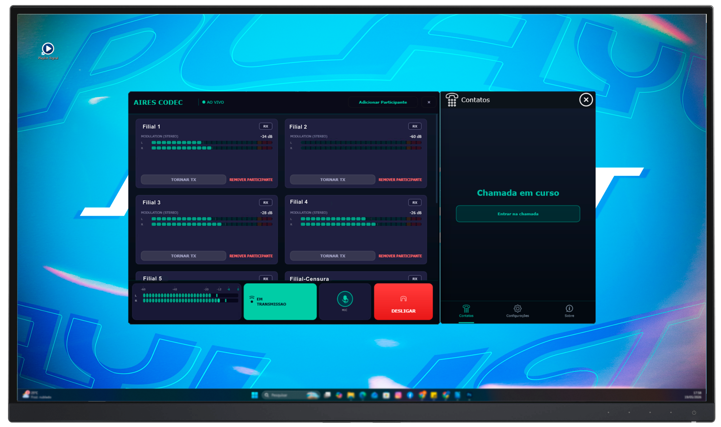 Aires Codec — múltiplos estúdios conectados com controle TX/RX em tempo real