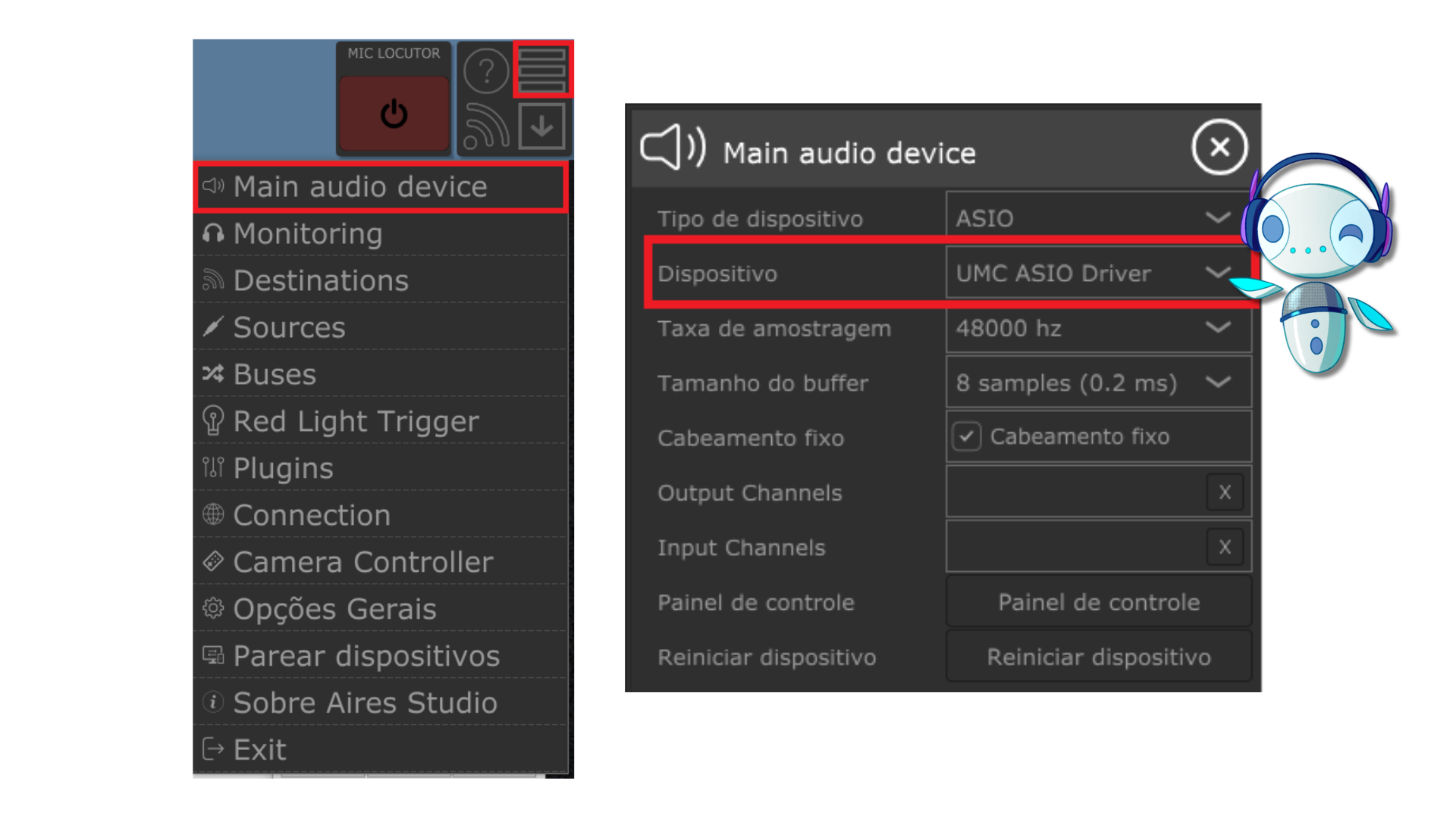 Menu Main Audio Device do Aires Studio