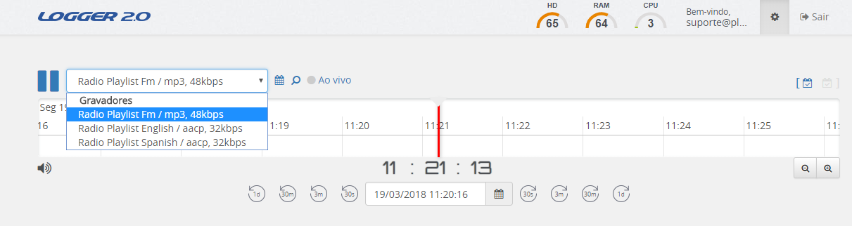 Seleção de um gravador na linha do tempo do Logger 2.0