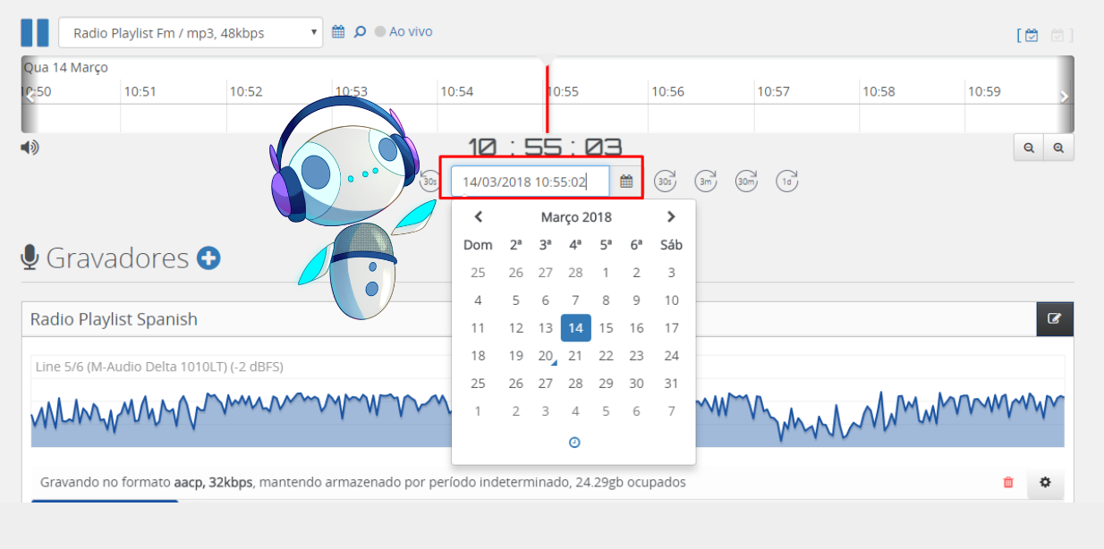 Linha do tempo movida para o período de uma gravação antiga