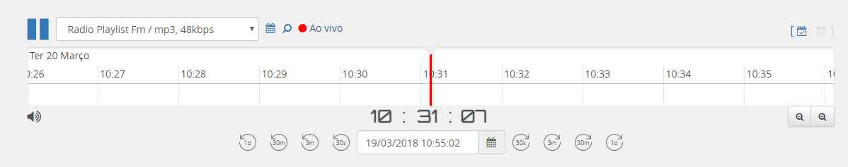 Botão Ao vivo ativado, com indicador vermelho na linha do tempo