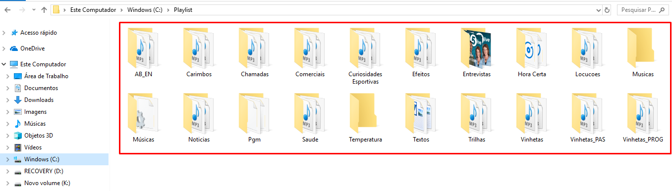 Estrutura padrão da pasta Playlist, incluindo a pasta PGM