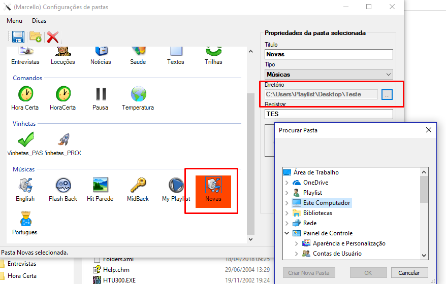 Config Manager com as pastas destacadas para alterar o diretório