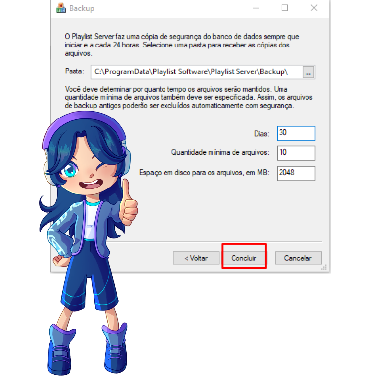 Tela de configurações de backup do Playlist Server, com o botão Concluir em destaque