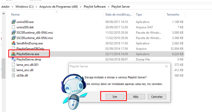 Confirmação para instalar e iniciar o serviço Playlist Server