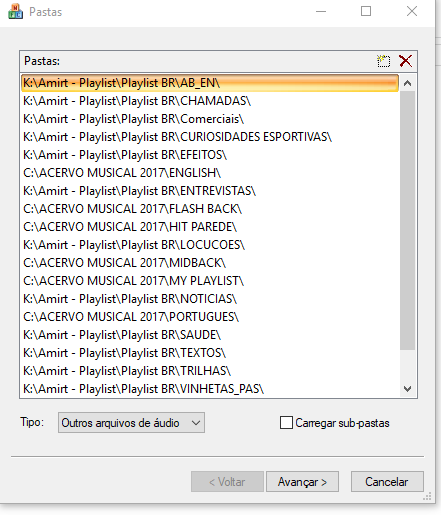 Lista de pastas de áudio encontradas pelo assistente do Playlist Server