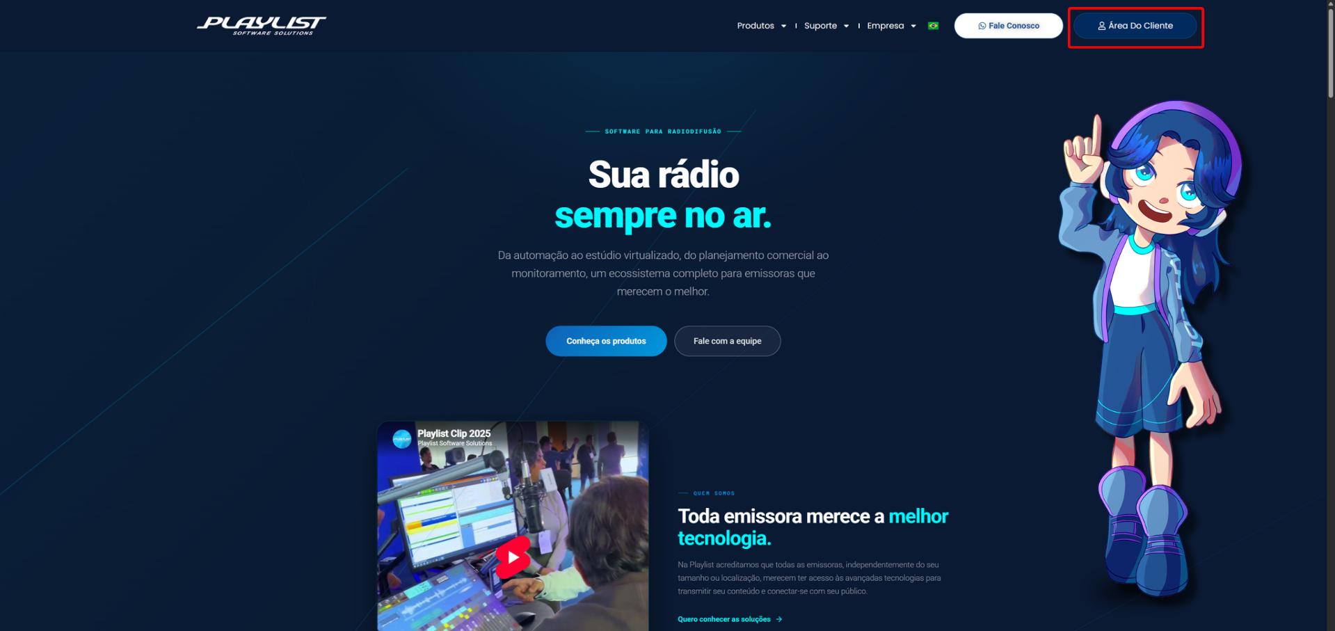 Site da Playlist Solutions com o botão Área do Cliente em destaque no menu superior