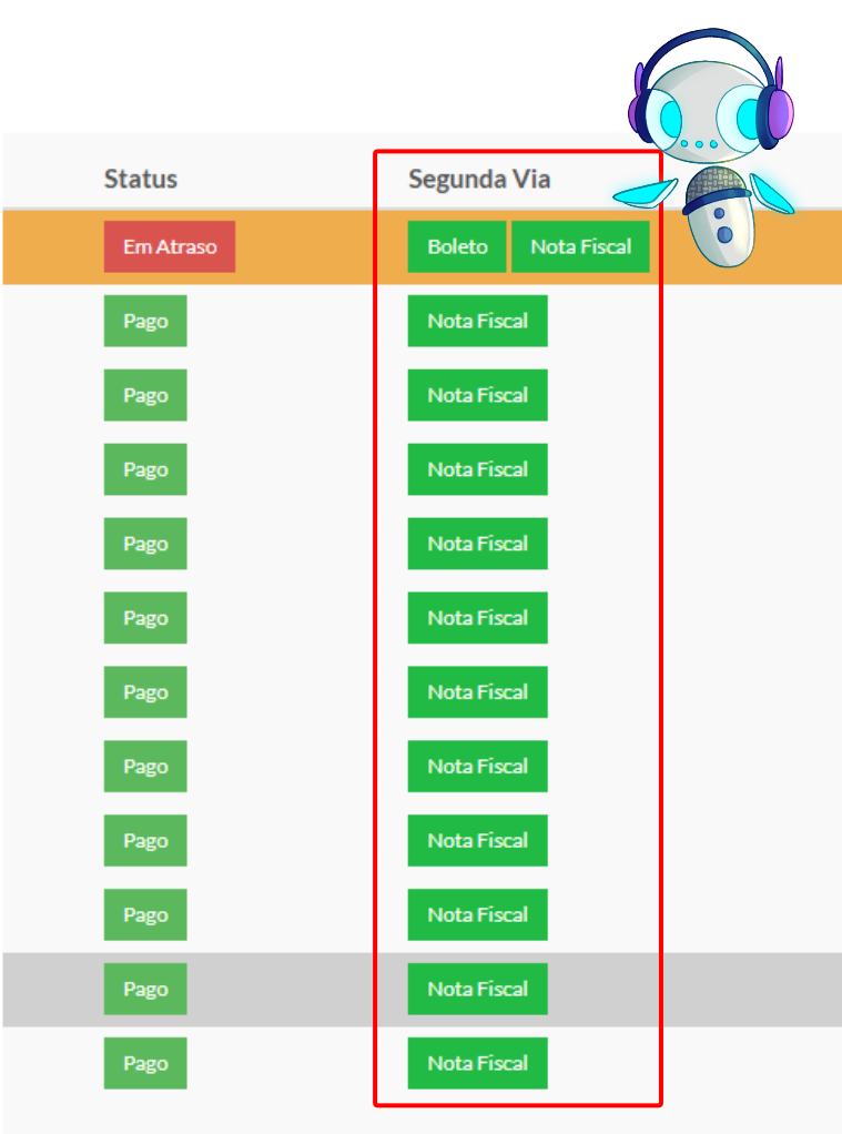 Lista de faturas com o botão Segunda via em destaque