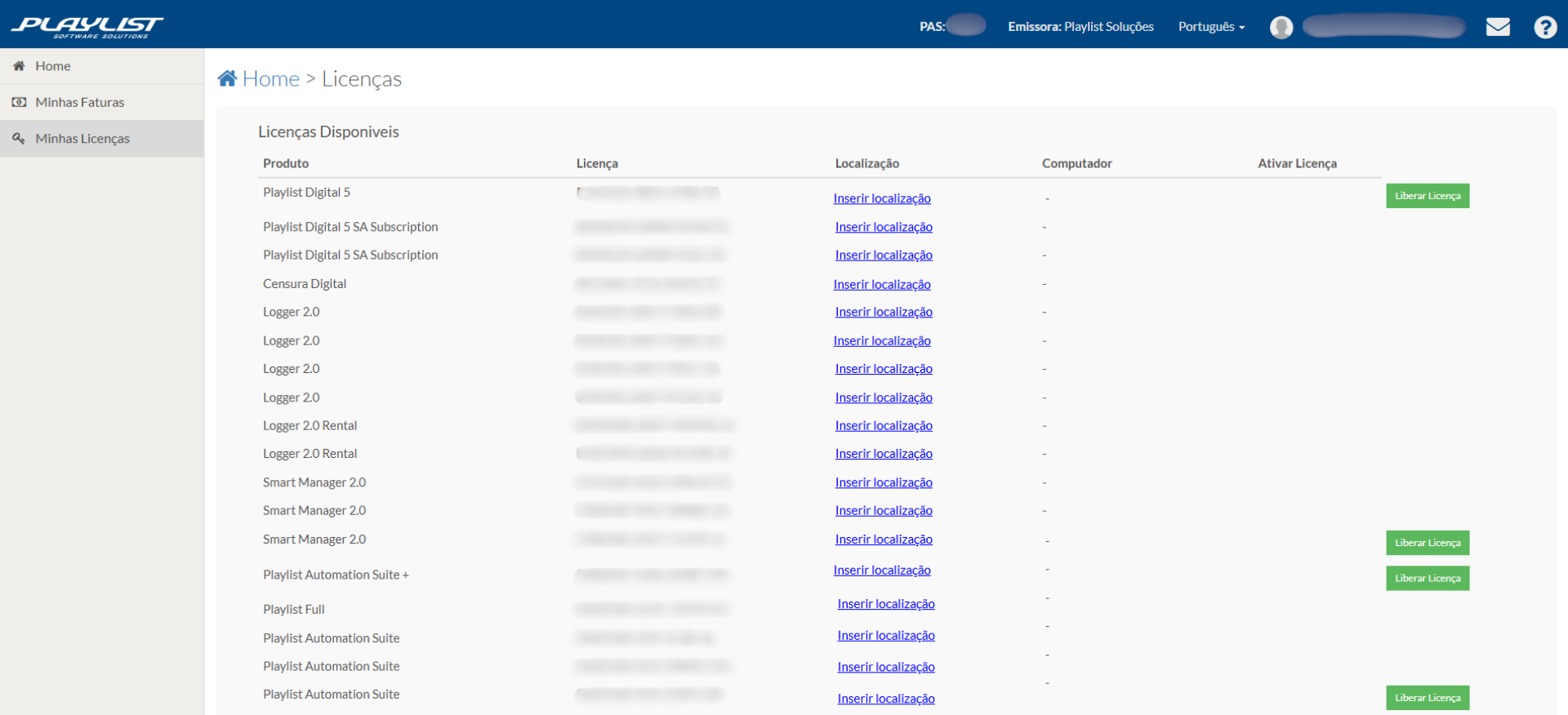 Lista de licenças disponíveis para a emissora